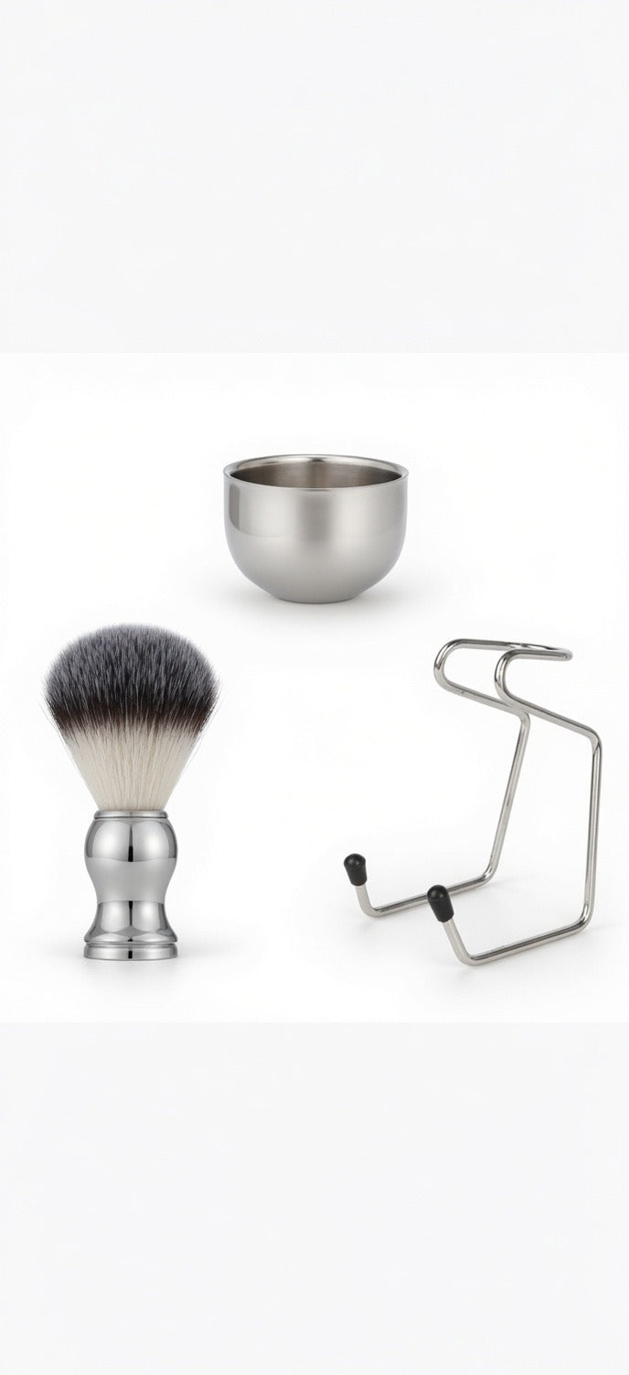 Set Rasatura Uomo 3 in 1 Premium – Pennello Imitazione Tasso, Ciotola e Supporto in Acciaio Inox